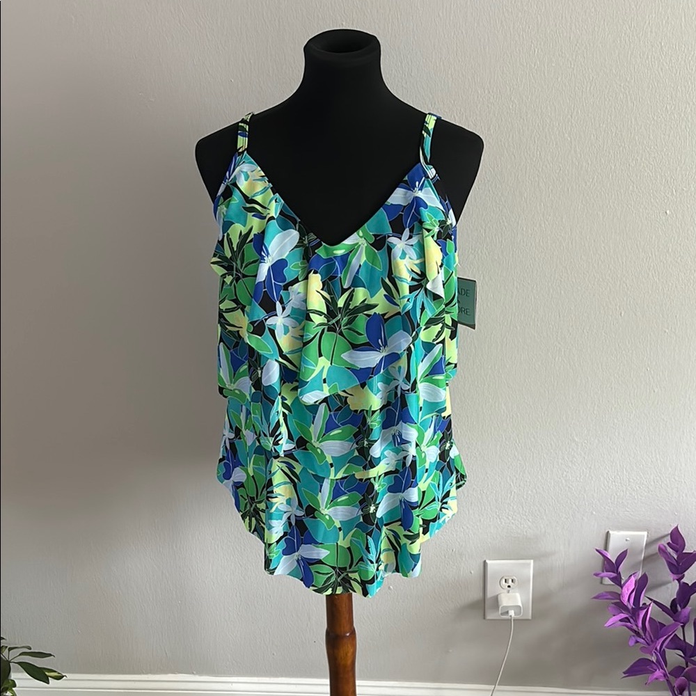 Shade & Shore Blue Green Ruffled Camisole Swim Top
